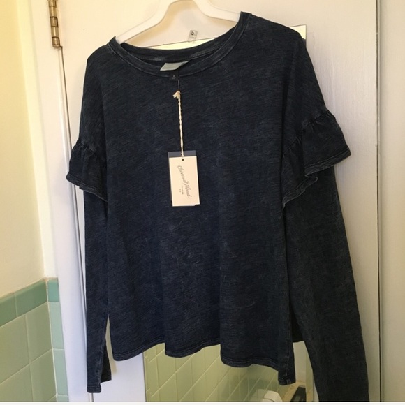 Tops - NEW denim wash cotton shirt with sleeve ruffles